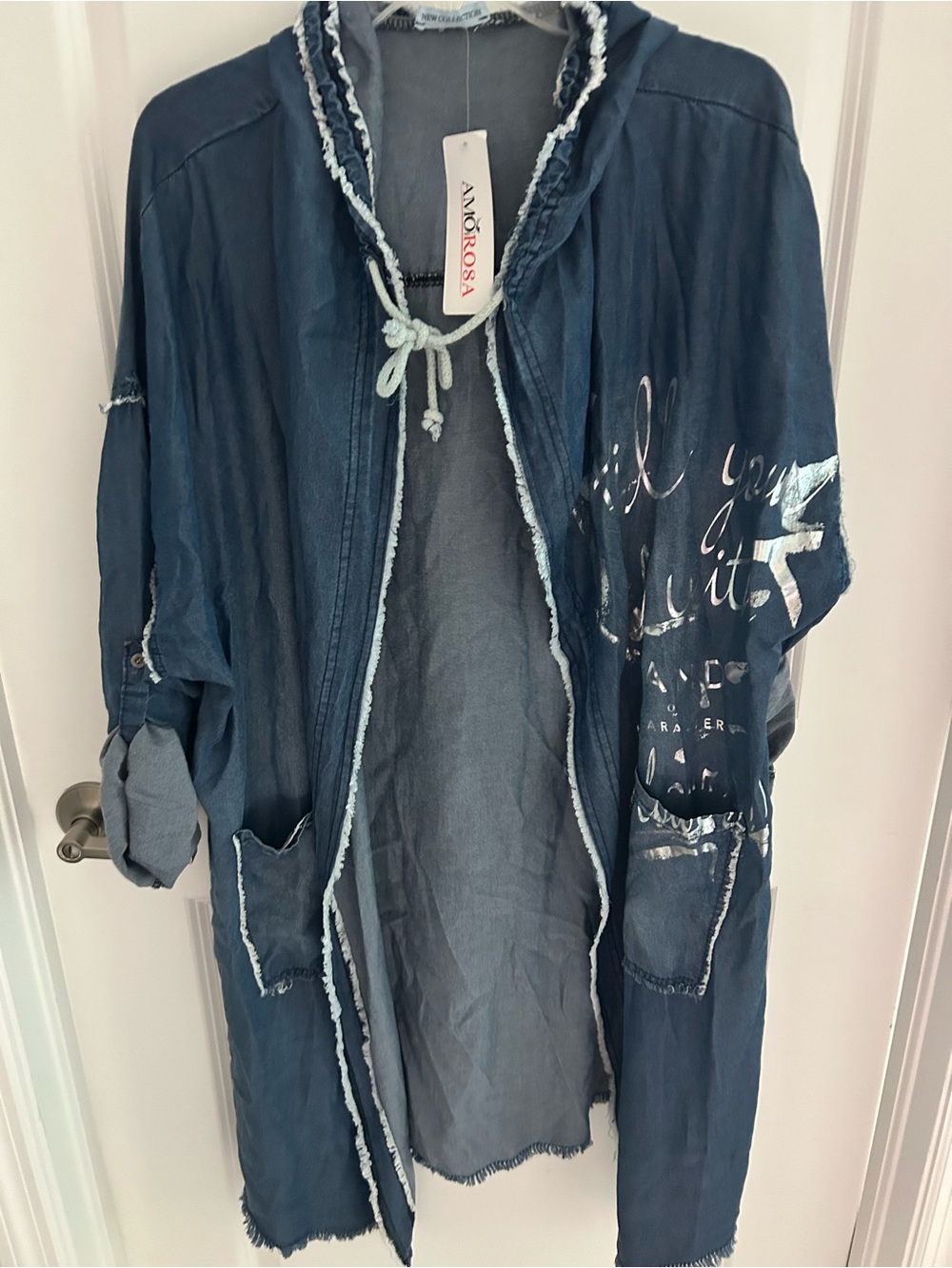 Amo Rosa woman’s Lightweight Denim-Blue Hooded Jacket with Silver writing